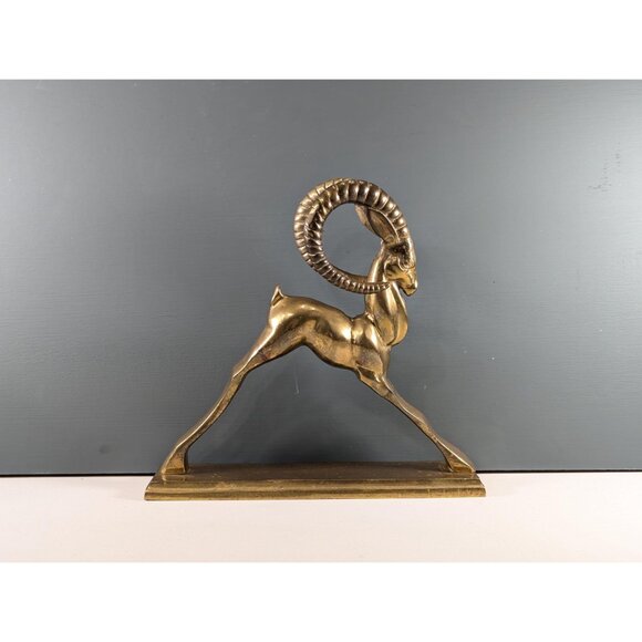 Vintage Solid Brass Sculpture of an Ibex Antelope, Art deco style brass Ram - Picture 2 of 14